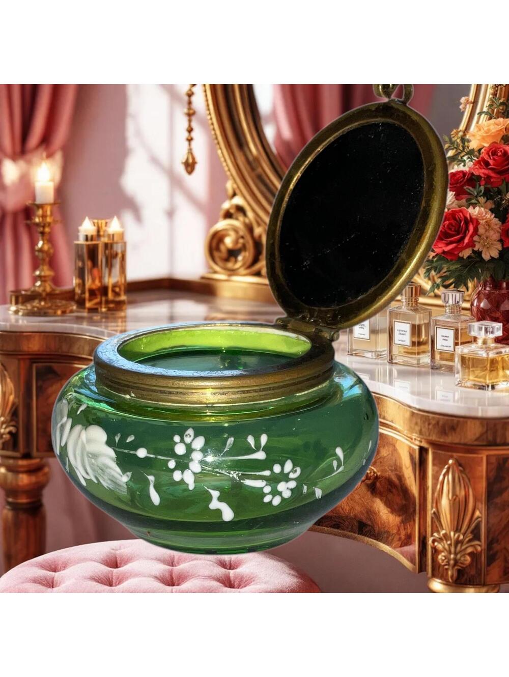 Antique Green Glass Pill Box with Ballenstedt Scenic Lid, 2.5" round. c.1900.